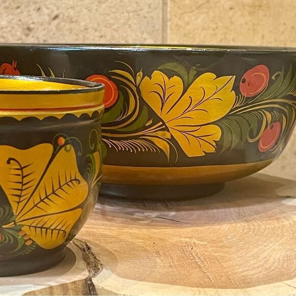 Russian Khokhloma Hand Painted Vintage Wooden Folk Art Bowl Set - Picture 12 of 16